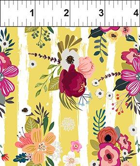 In The Beginning Fabric - Mermaids and Unicorns - Floral Stripe Gold