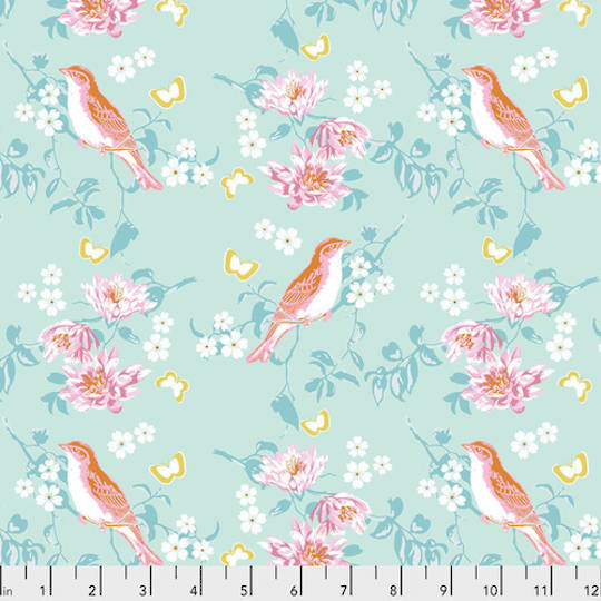 Darling Meadow - Birds with Blossoms Aquamarine by Tanya Whelan